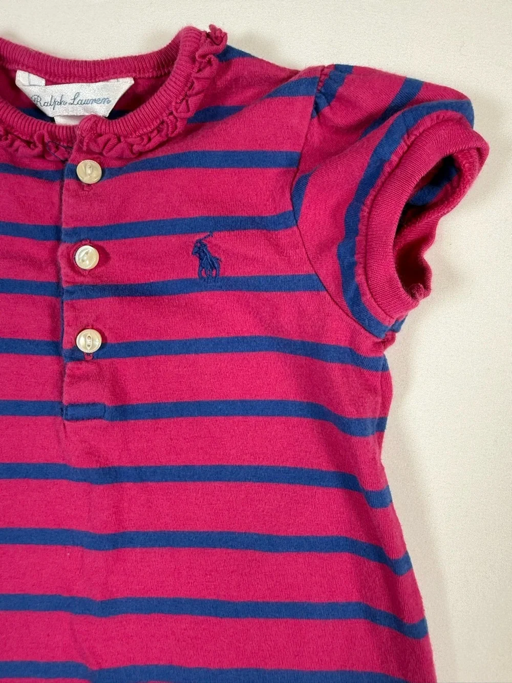 RALPH LAUREN Infant Pink Blue Striped Ruffle Hem Dress Baby Girl Size 12M Cotton
